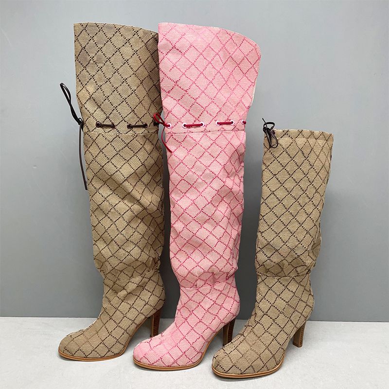 Over The Knee Boot Women Designer Boots Winter Sock Long Boot Adjustable Straps Canvas Zipper Laces Original Shoes Ladies Girls Sexy Knee High Boot 335 - 2 of 9