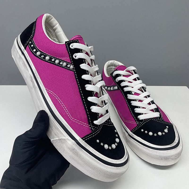 Latest Designer Canvas Shoes Men Women Pearlized Sneakers White Fuchsia Red Blue Pearl Shoes Retro Skate Flats Trainers Outdoor Casual Shoes 1083 - 8 of 9