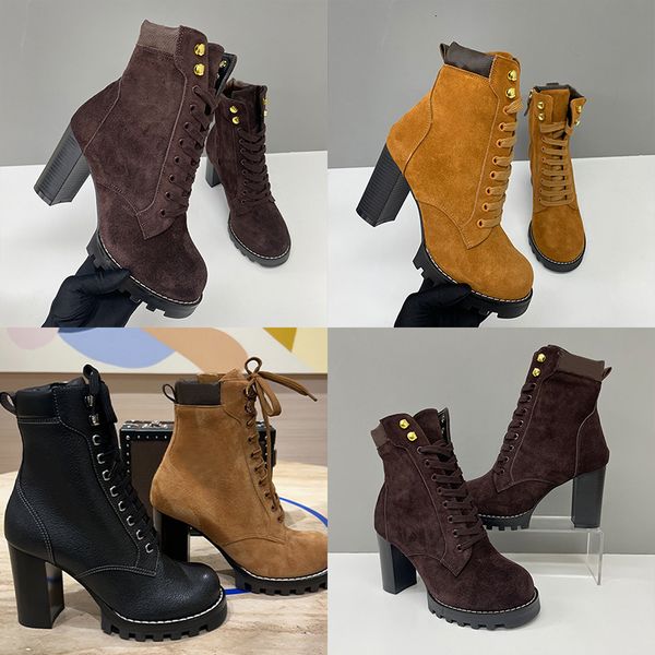 2026 Luxury Star Trail Ankle Boots Premium Women's Suede Calf Leather High-Heel Boot Camel Brown Chunky Block Heels Trendy Winter Footwear 1178 - Shoes & Accessories - orologiod