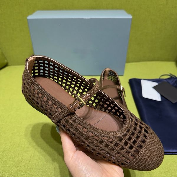 High Quality Crochet Ballet Flats Women Designer Knit Shoes Ladies Hollow Out Woven Mesh Flat Sandals Square Toe Metal Triangle Mary Jane Walking Shoes 1138 - Shoes & Accessories - orologiod