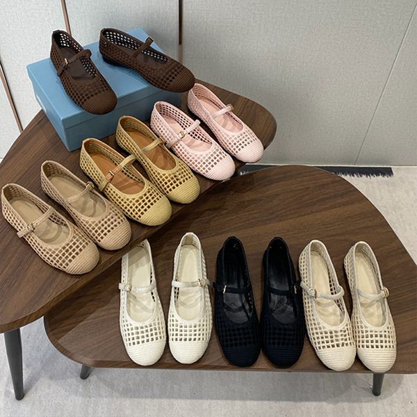 2026 Designer Crochet Knit Hollow Out Ballerina Flats Women Woven Mesh Mary Jane Shoes Triangle Breathable Adjustable Ankle Strap Casual Flat Pumps 1138 - Shoes & Accessories - orologiod