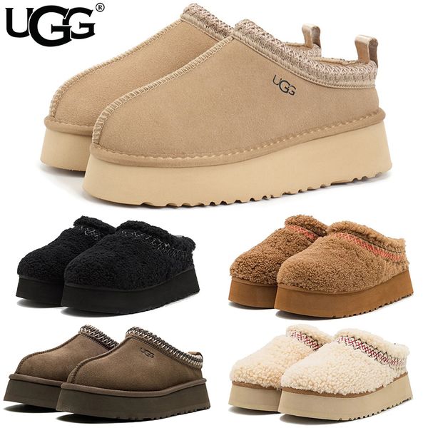 UGG Women's Tazz Platform Slippers Suede Curly Shearling Tribal Stitch Trim Slip On Warm Fur Lined Indoor Outdoor Winter Mule Slides Multiple colors - Shoes & Accessories - orologiod