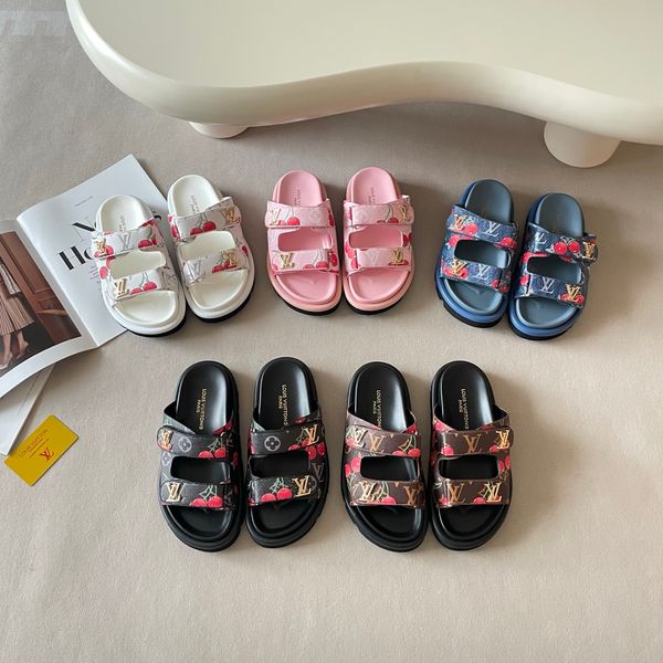 LV x TM Pool Pillow Flat Mule Cherry Print Platform Slide Sandals Women Adjustable Double Strap Metal Thick Sole Casual Outdoor Beach Couple Slippers Multiple colors - Shoes & Accessories - orologiod
