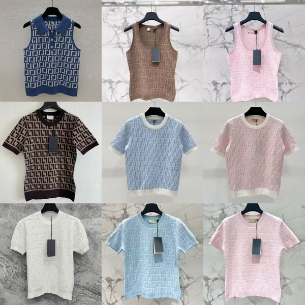 Womens Designer T Shirt Luxury Jacquard Knit Short Sleeve Textured Geometric Pattern Slim Fit Summer Tops - Apparel - orologiod