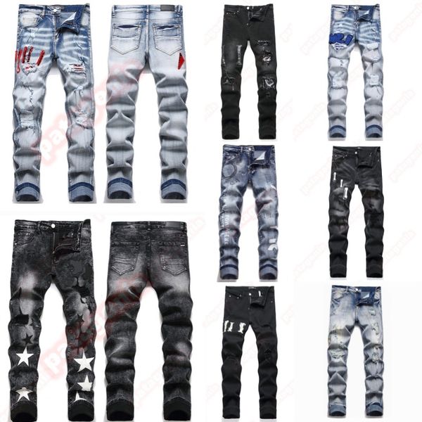 Mens Designer jeans Fashion Jeans European America Style Jean Streetwear Letter Embroidery Pants Patchwork Ripped For Motorcycle Pant Skinny Jeans - Apparel - orologiod